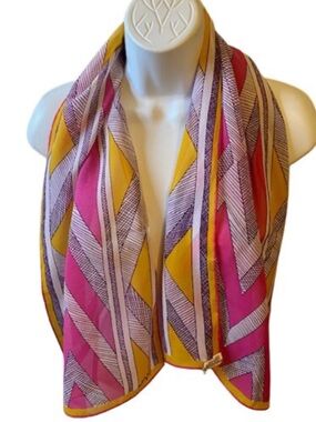 Vintage Vera Neumann Silk Scarf Pink Gold Yellow Geometric Retro Quiet Luxury